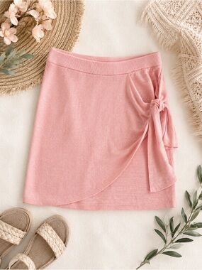 L*SPACE Vagabond Wrap Knit Mini Skirt Pink Linen Blend Tie Side NWT Medium
